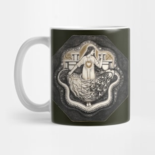 Figure with a firey sword taming the serpent Mug